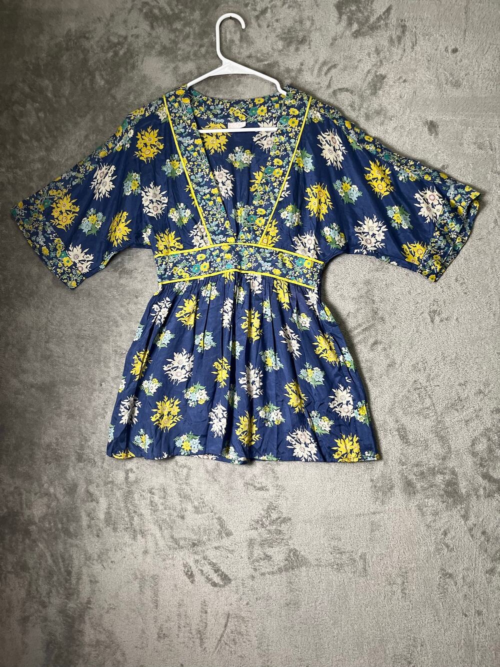 Vintage Y2K Bohemian Floral Kimono Short Sleeve Empire Waist Peplum Tunic Small